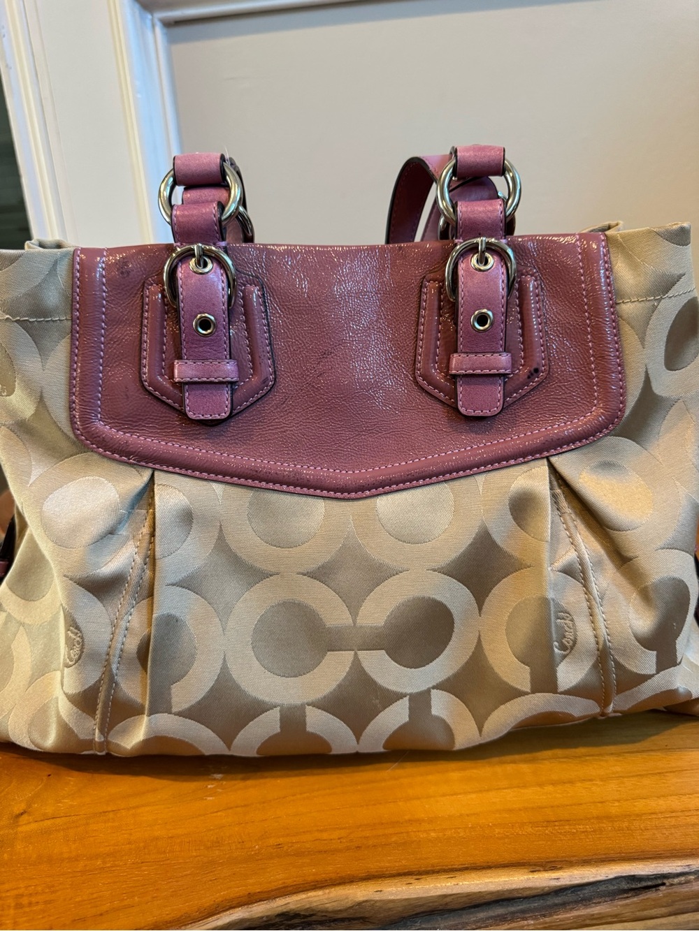 Coach Vintage Beige Signature Satchel with Pink Leather Trim